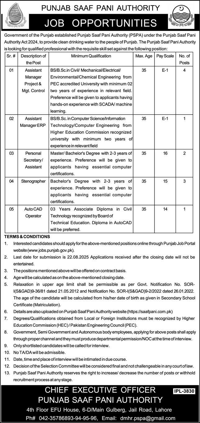 Jobs in Punjab Saaf Pani Authority Lahore